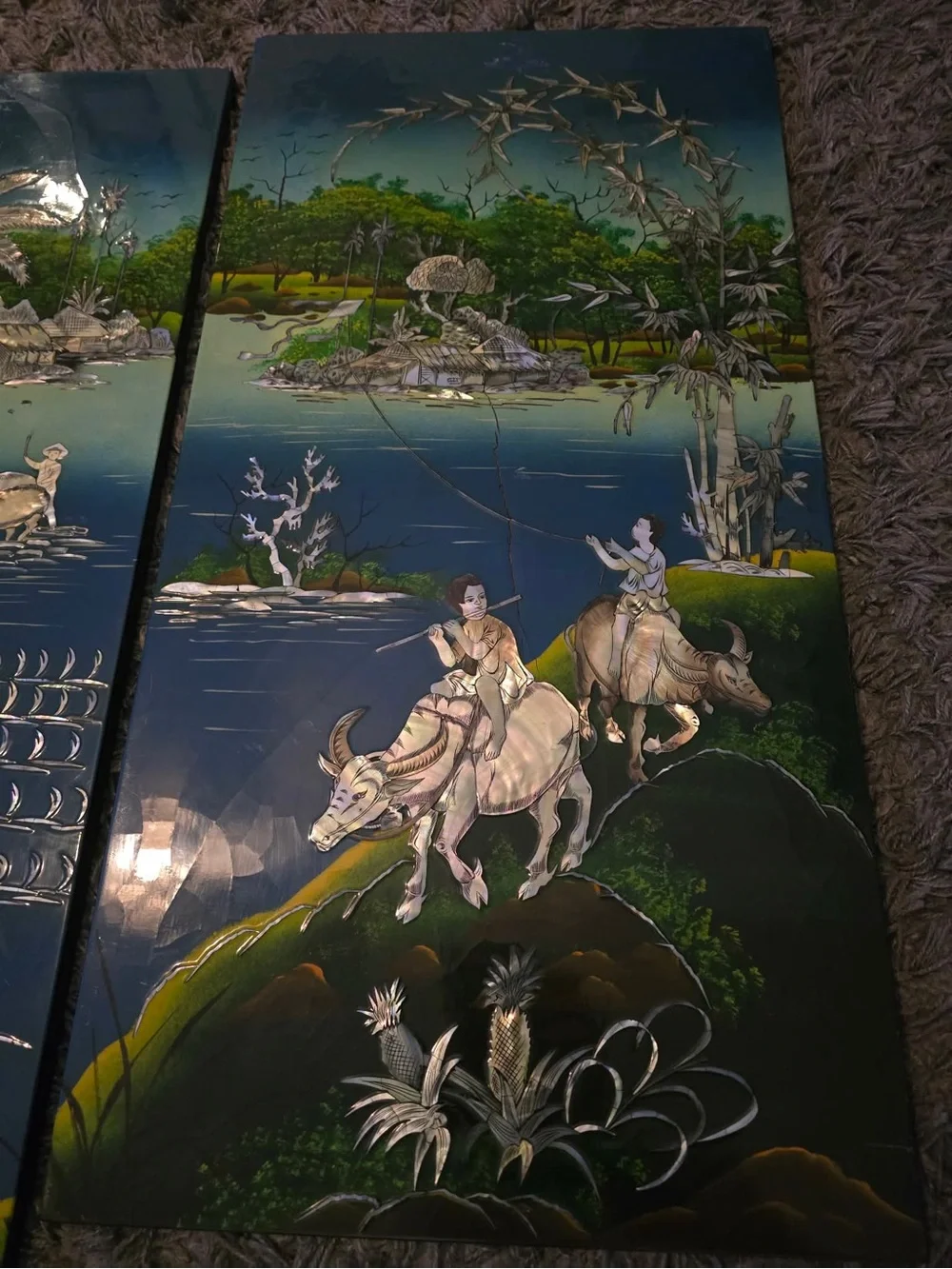 Vintage 4-Panel Vietnamese Laquer & Mother of Pearl Wall Decor 32x64